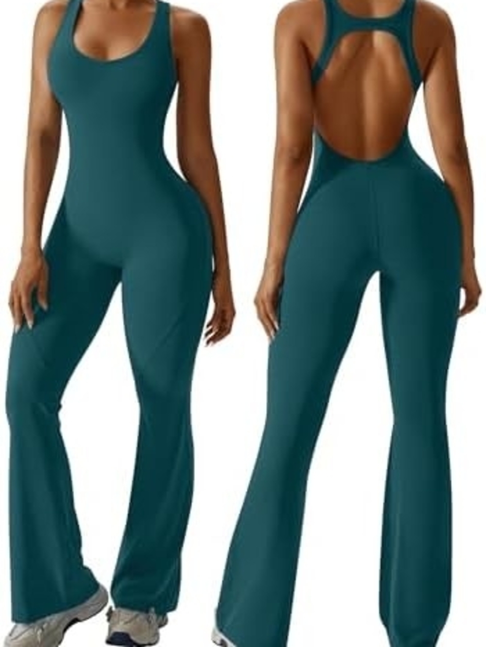 Open-Back Teal Flared Jumpsuit